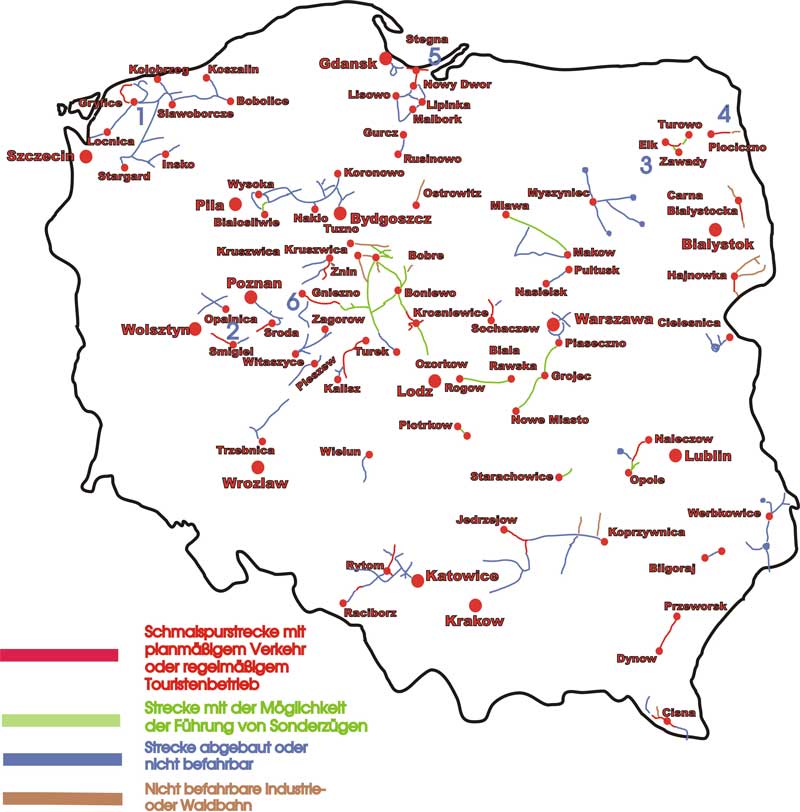 Übersichtskarte über die Schmalspurbahnen in Polen